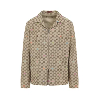 Gucci Beige Shirt With Spread Collar And Two Front Welt Pockets In Gg Canvas Man In Brown
