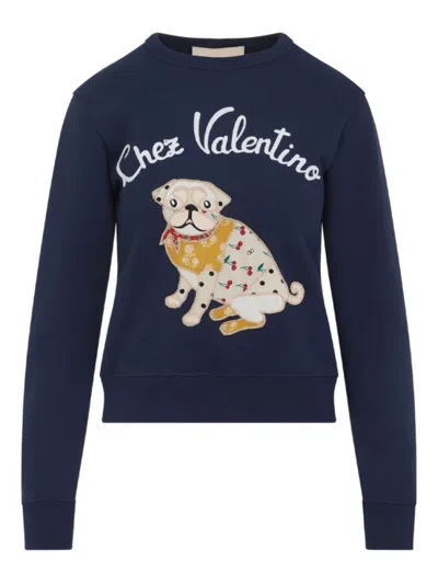 Valentino Dog Design Cotton Sweatshirt In Blue
