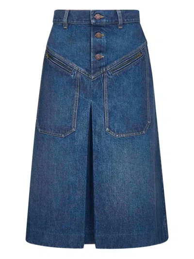 Chloé Button-front Denim Midi Skirt With Patch Pockets In Blue