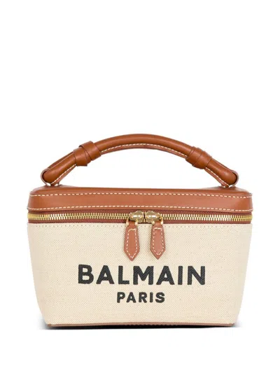 Balmain Structured Canvas Bag With Leather Handle And Logo In Sand