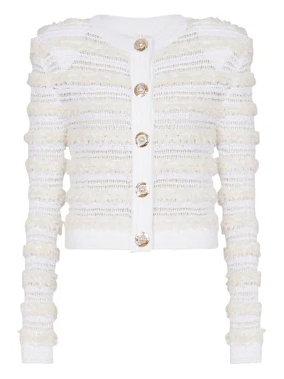 Balmain Tweed Knit Cardigan Featuring Shoulder Pads In White