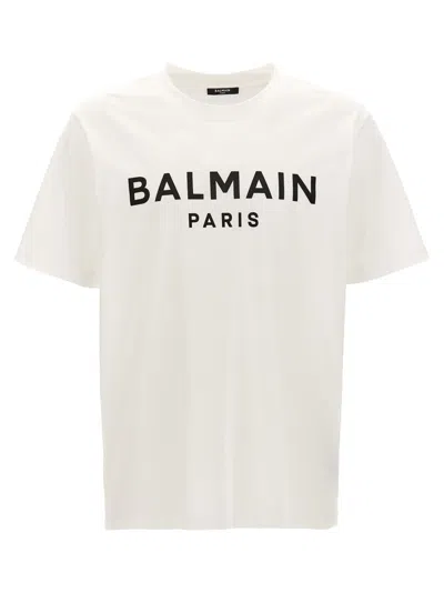 Balmain White Crewneck T-shirt With Contrasting Logo Lettering Print In Cotton In White
