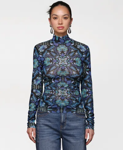 Avec Les Filles Women's Printed Mesh Mock Neck Ruched Top In Blue