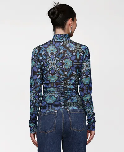 Avec Les Filles Women's Printed Mesh Mock Neck Ruched Top In Blue
