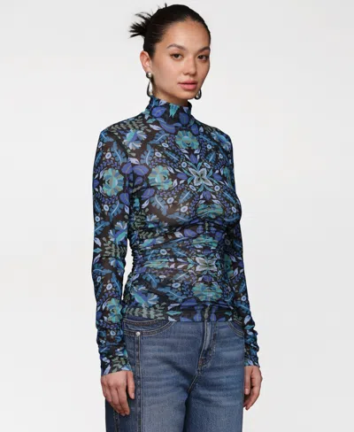 Avec Les Filles Women's Printed Mesh Mock Neck Ruched Top In Blue