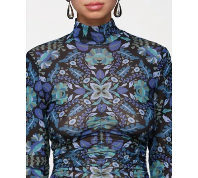 Avec Les Filles Women's Printed Mesh Mock Neck Ruched Top In Blue