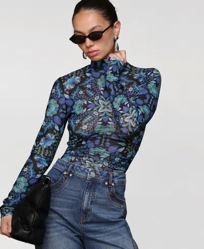Avec Les Filles Women's Printed Mesh Mock Neck Ruched Top In Blue