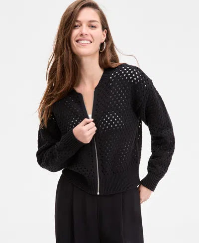 On 34th Womens Perforated Zip Front Bomber Cardigan Ribbed Scoop Neck Tee High Rise Pleated Straight Leg Pan In Black