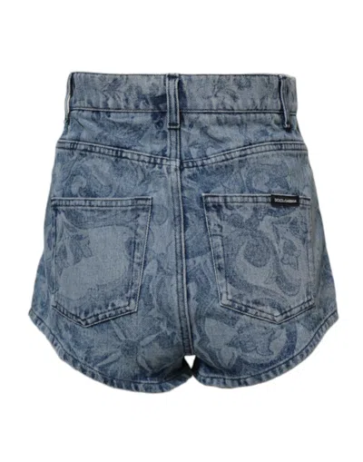 Dolce & Gabbana Blue Floral Print Denim Cotton Hot Pants Women's Shorts In Blue