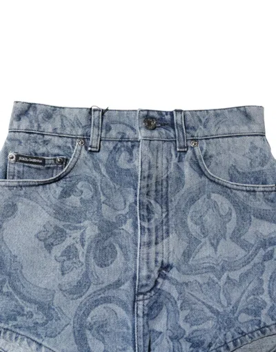 Dolce & Gabbana Blue Floral Print Denim Cotton Hot Pants Women's Shorts In Blue