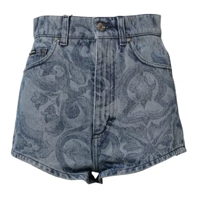 Dolce & Gabbana Blue Floral Print Denim Cotton Hot Pants Women's Shorts In Blue