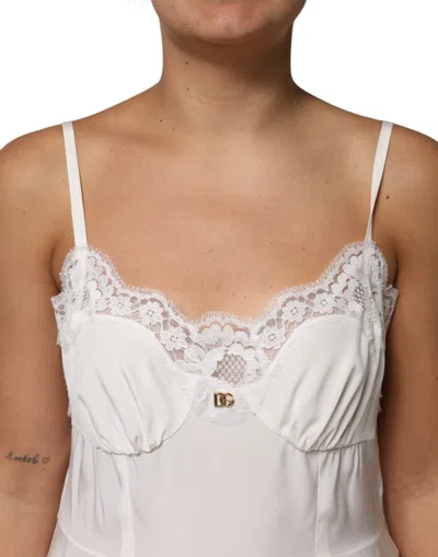 Dolce & Gabbana White Lace Gold Dg Logo Silk Dress Women's Sleepwear In White