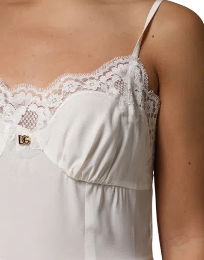 Dolce & Gabbana White Lace Gold Dg Logo Silk Dress Women's Sleepwear In White