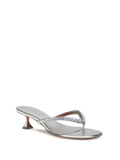 Amina Muaddi Leather Sandals With Crystal-embellished Straps In Silver