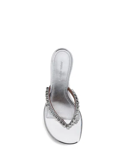 Amina Muaddi Leather Sandals With Crystal-embellished Straps In Silver