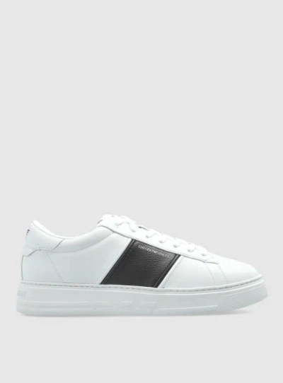 Emporio Armani Calf Leather Grained Texture Sneakers In White