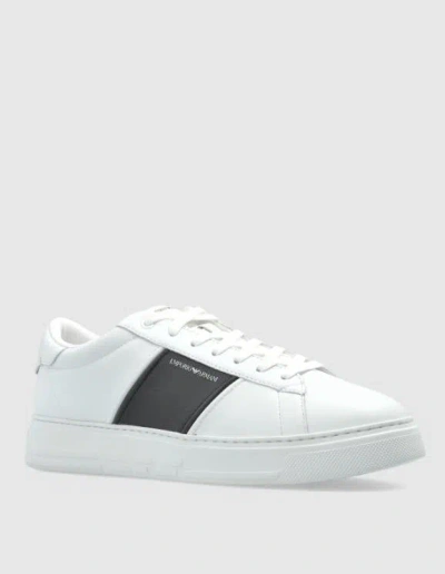 Emporio Armani Calf Leather Grained Texture Sneakers In White