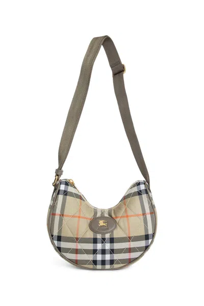 Burberry Curved Shoulder Bag With Classic Check Pattern And Gold-tone Hardware In Sand