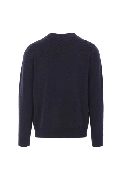 Giorgio Armani Chevron Pattern Long Sleeve Wool Blend Sweater In Blue