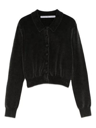 Alexander Wang Cotton-blend Chenille Cropped Polo Cardigan In Black