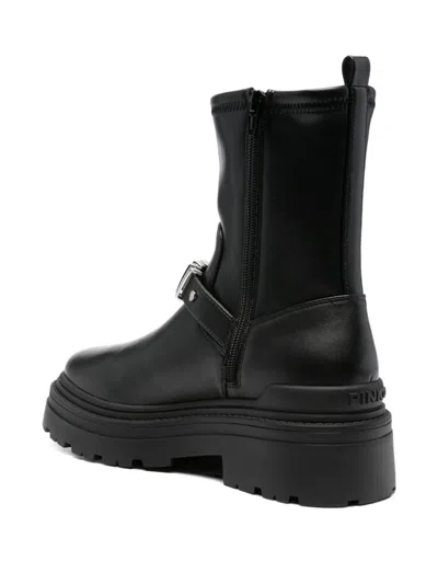 Pinko Rounded Toe Black Leather Ankle Boots With Front Strap In Black