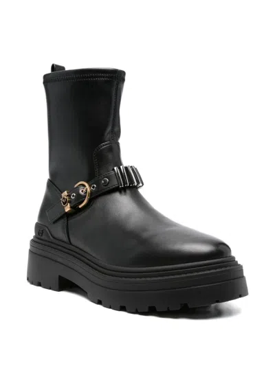 Pinko Rounded Toe Black Leather Ankle Boots With Front Strap In Black