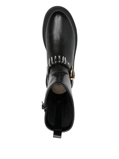 Pinko Rounded Toe Black Leather Ankle Boots With Front Strap In Black