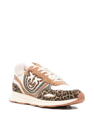 Pinko Zoe 01 Leather Sneakers With Leapadrata Pattern In Sand