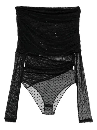 Pinko Sheer Black Off-shoulder Top With Lace In Black
