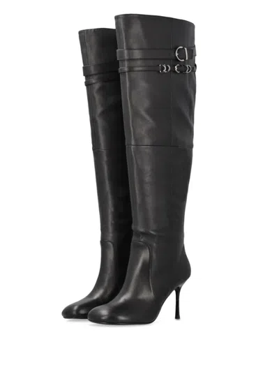 Pinko Knee-high Nappa Leather Boots With Heel And Strap In Black