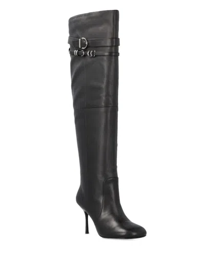 Pinko Knee-high Nappa Leather Boots With Heel And Strap In Black
