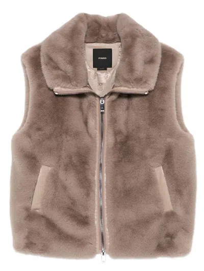 Pinko High Collar Faux Fur Vest In Beige In Brown