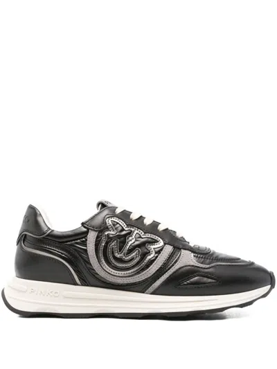 Pinko Low-profile Black Leather Sneakers With Textured Panels In Black