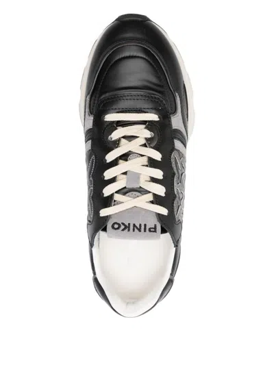 Pinko Low-profile Black Leather Sneakers With Textured Panels In Black