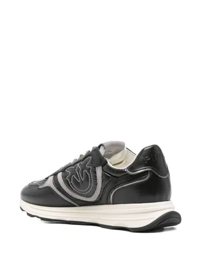 Pinko Low-profile Black Leather Sneakers With Textured Panels In Black