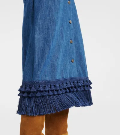 Valentino Cotton-linen Fringed Midi Skirt In Blue