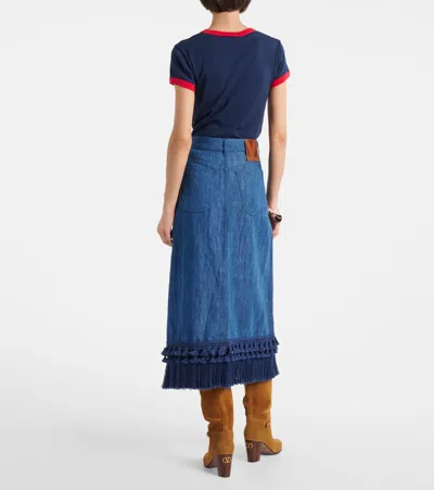 Valentino Cotton-linen Fringed Midi Skirt In Blue