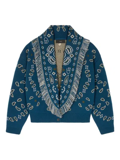 Alanui Thistle Fringe Patterned Bomber Knitwear In Blue