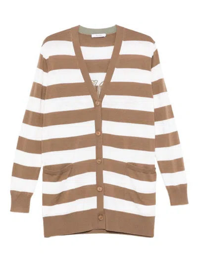 Max Mara Striped V-neck Cardigan With Front Patch Pockets In White