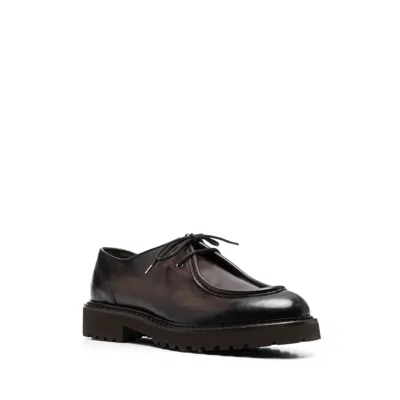 Doucal's Dark Brown Calfskin Derby Shoes With Decorative Seams In Brown