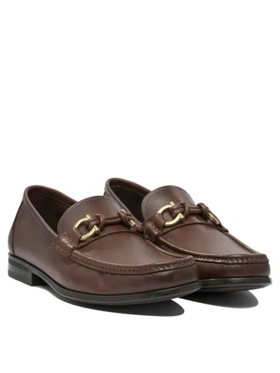 Ferragamo Brown Leather Loafers With Decorative Buckle In Multi