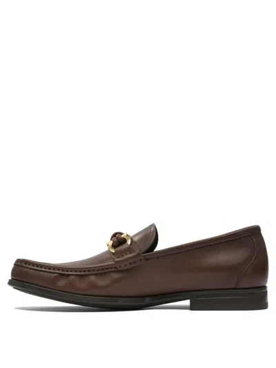 Ferragamo Brown Leather Loafers With Decorative Buckle In Multi