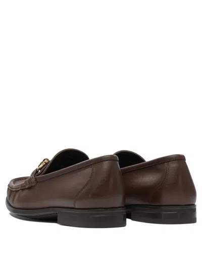 Ferragamo Brown Leather Loafers With Decorative Buckle In Multi