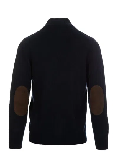 Barbour Navy Wool Zip-through Sweater With High Neck And Elbow Patches In Black