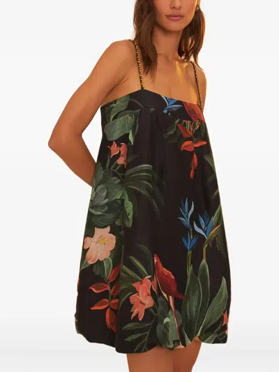 Farm Rio Midnight Macaw Fiesta Sleeveless Mini Dress In Black In Animal Print