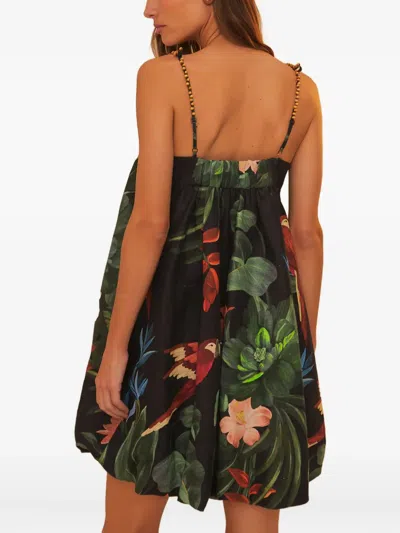 Farm Rio Midnight Macaw Fiesta Sleeveless Mini Dress In Black In Animal Print