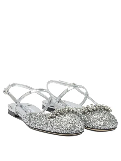 Jimmy Choo Glitter Pointed Toe Sandals With Embellished Detail In Silver