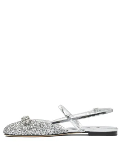 Jimmy Choo Glitter Pointed Toe Sandals With Embellished Detail In Silver