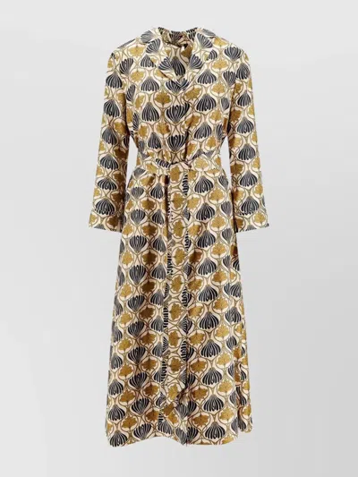 Max Mara Kaftan Dress With Lapel Collar And Belt In Neutral