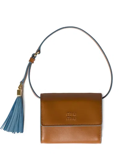 Miu Miu Leather Tassel Wallet In Brown